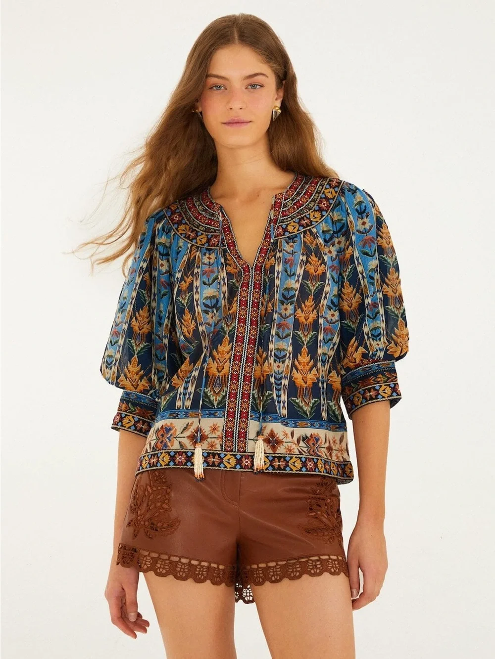 Farm Rio Blue Embroidered Tapestry Tassels Puff Sleeve Blouse